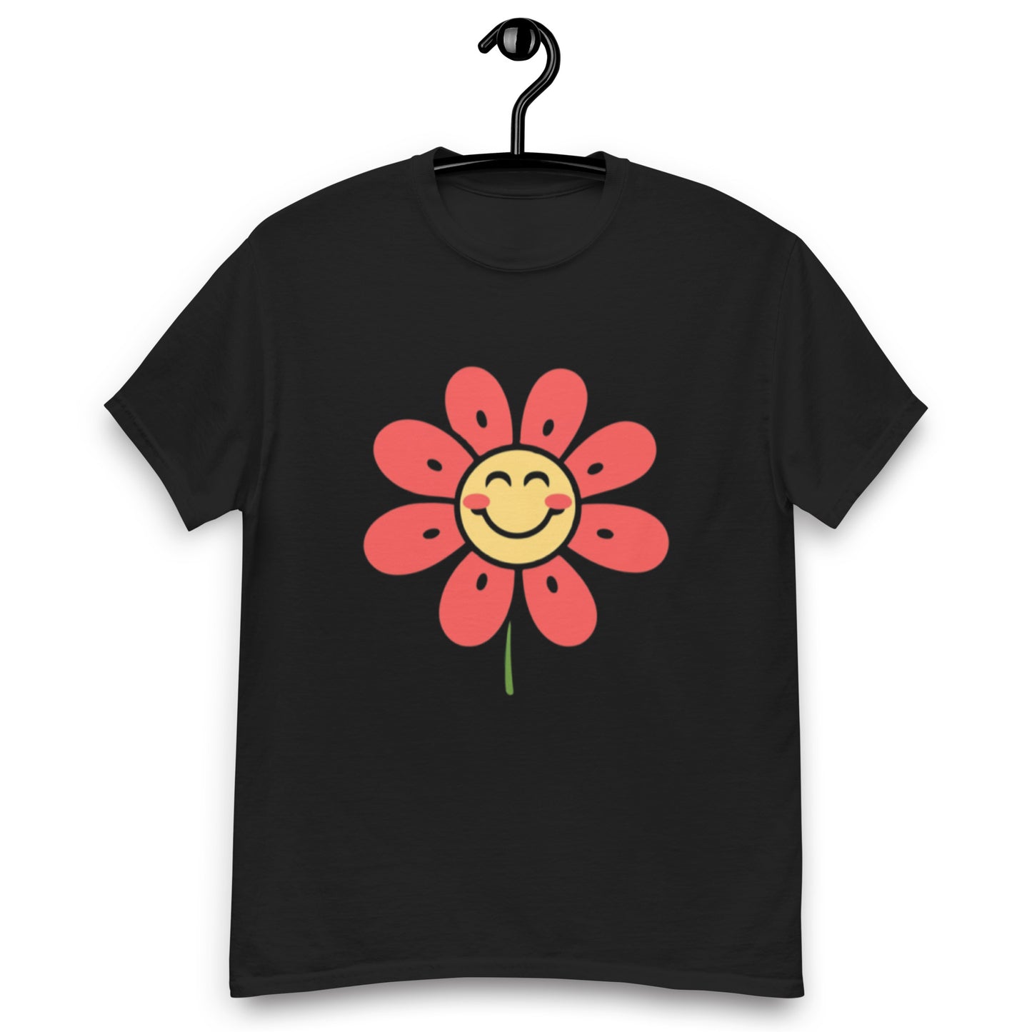 Glad Somrig Smiley-Blomma Med Röda Blad T-shirt | Unik Smiley-design