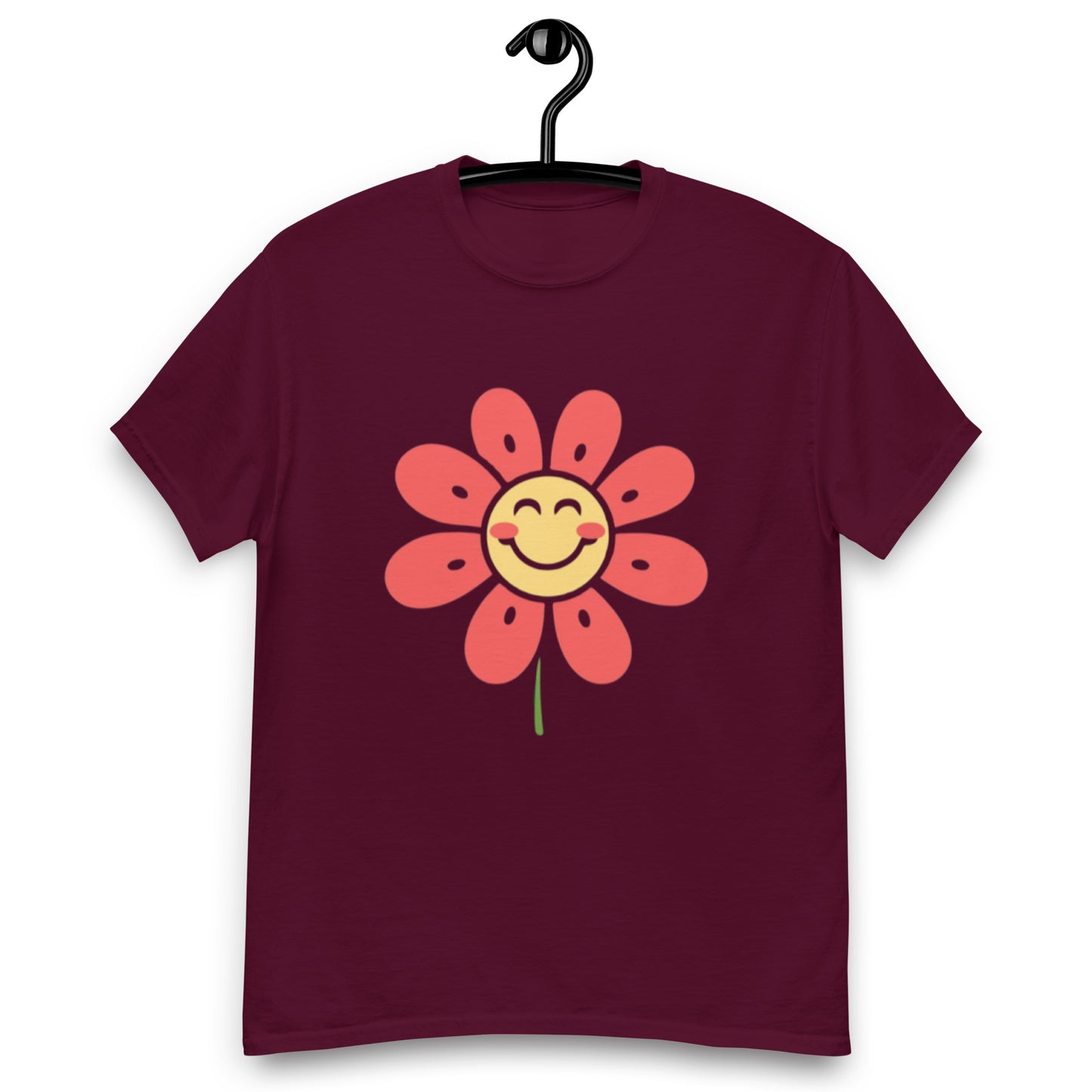 Glad Somrig Smiley-Blomma Med Röda Blad T-shirt | Unik Smiley-design