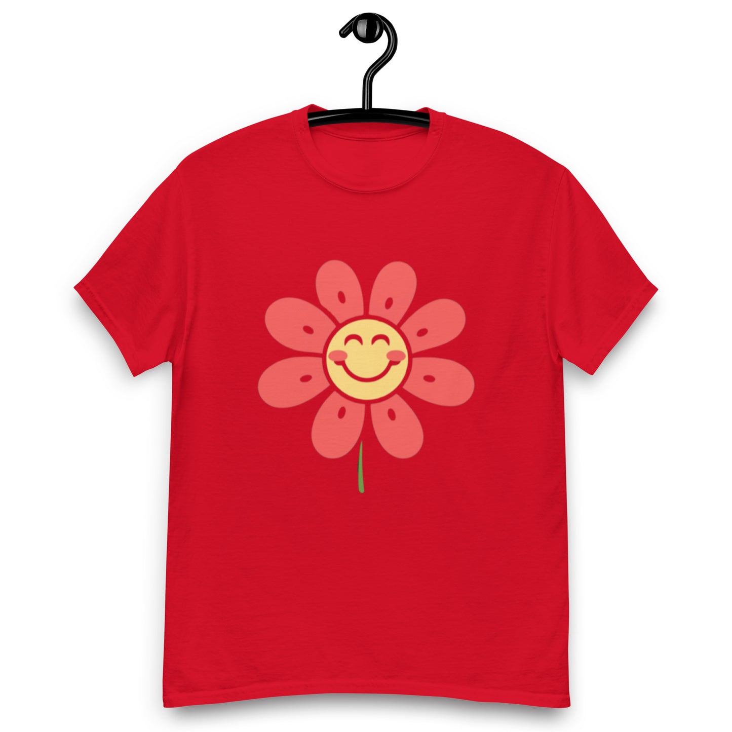 Glad Somrig Smiley-Blomma Med Röda Blad T-shirt | Unik Smiley-design